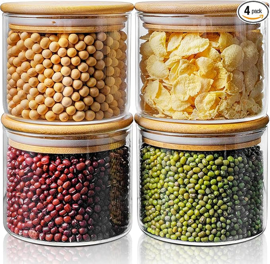 17oz - 4 Pack Glass Jars with Bamboo Lids, Glass Food Storage Containers with Airtight Lids, Air Tight Pantry Storage Containers for Coffee, Sugar, Spice, Meal Prep Jars for Salad & Fruit-HomvellaHome