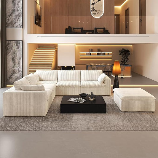 118" 6-Seater Cloud Sofa,Modular Sectional Couch with Ottoman,Modern Deep Seat Upholstered Couches with Plush Corduroy Fabric for Living Room Furniture,Bedroom and Apartment,No Assembly Required,White-HomvellaHome