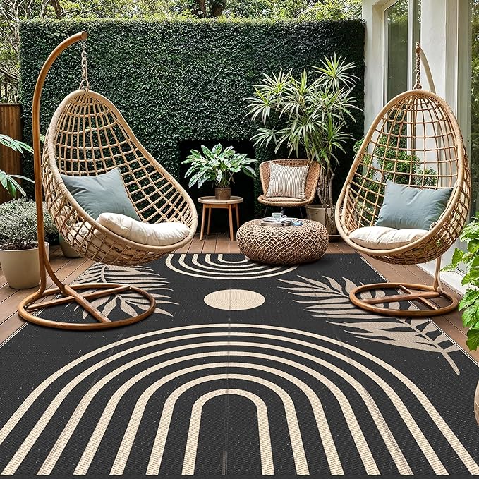 GENIMO Outdoor Rug 8' x 10' Waterproof for Patio Clearance, Reversible Lightweight Plastic Straw Camping Carpet, Large Area Rugs Mats for Rv, Backyard, Deck, Porch, Picnic, Balcony, Mix-Black & Beige-HomvellaHome