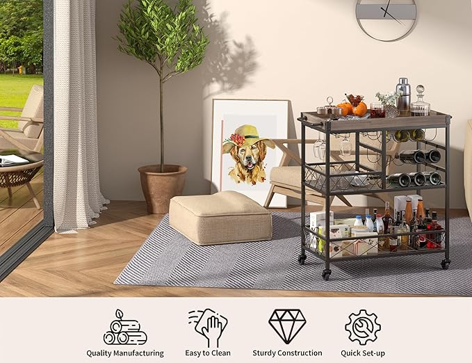 Gizoon Rolling Bar Cart, a Versatile Beverage Cart with a Removable Tray, 12-Bottle Wine Rack, and Glass Holder, The Bar Cart is Perfect for Kitchen, Dining Room, or Outdoor Use (Gray)-HomvellaHome