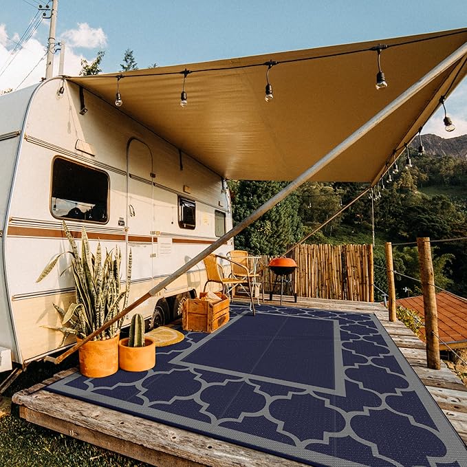 GENIMO 10 ' x 14 ' Outdoor Rug Waterproof for Patio Decor, Foldable Reversible Plastic Straw Area Rugs Mat for Camper, Outside Carpet for Rv, Deck, Porch, Picnic, Beach, Balcony, Blue & Grey-HomvellaHome