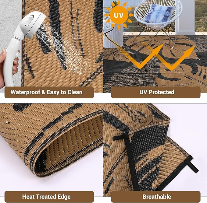 GAOMON Outdoor Rug Waterproof 9x12 Outdoor Plastic Straw Rug for Patio, Reversible Modern Camping Mat with Bag & Stakes, UV Resistant & Easy to Clean Carpet for RV, Deck, Balcony, Porch, Brown-HomvellaHome