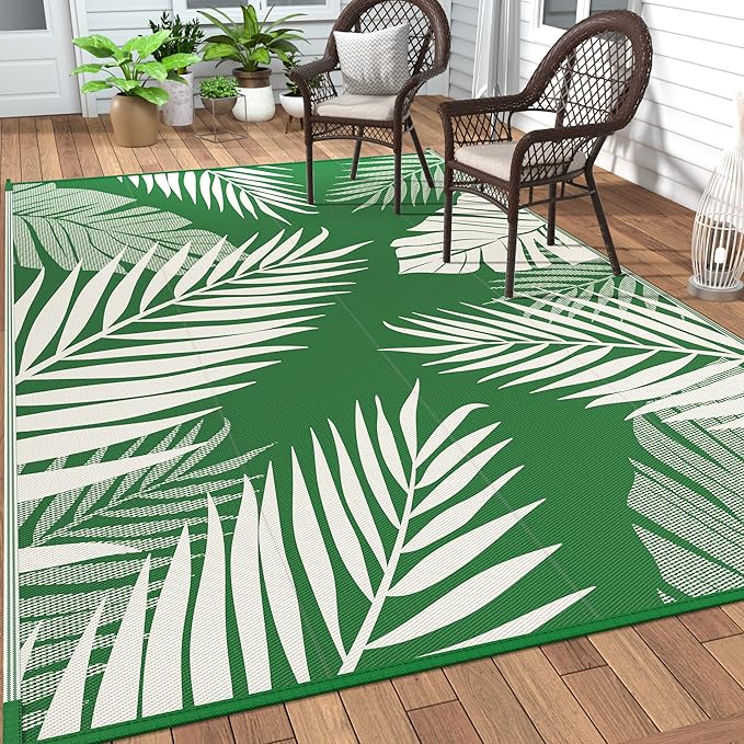 GENIMO Outdoor Rug 6' x 9' Waterproof for Patios Clearance, Reversible Outdoor Plastic Straw Camping Rug Carpet, Large Area Rugs Mats for RV, Picnic, Backyard, Deck, Balcony, Porch, Dark Green&White-HomvellaHome
