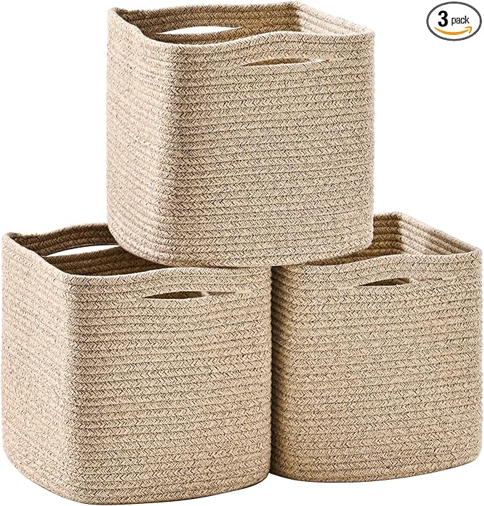11 Inch Cube Storage Bins, Storage Cube Organizer Bins, Woven Cotton Rope Baskets for Storage, Storage Basket for Organizing Shelves, Square Baskets for Toys Nursery, Brown (Pack of 3)-HomvellaHome