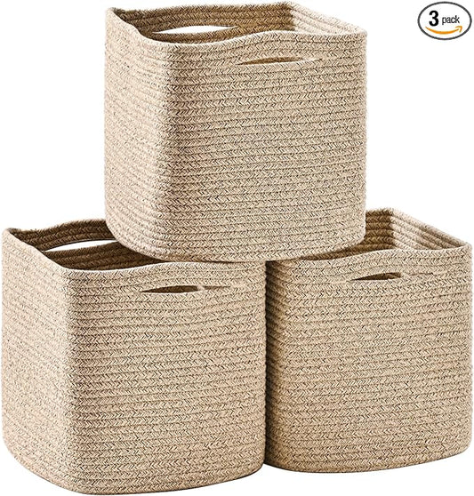 11 Inch Cube Storage Bins, Storage Cube Organizer Bins, Woven Cotton Rope Baskets for Storage, Storage Basket for Organizing Shelves, Square Baskets for Toys Nursery, Brown (Pack of 3)-HomvellaHome