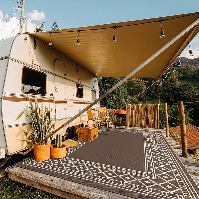 GENIMO Outdoor Rug Waterproof for Patio, 10'x14' Foldable Reversible Plastic Straw Carpet for Travel Trailers, Outside Area Mat for Rv, Deck, Picnic, Porch, Camper, Balcony, Beach, Coffee & Beige-HomvellaHome