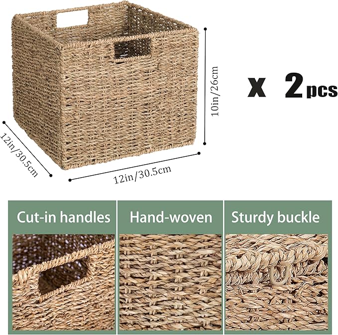 12x12x10in Seagrass Storage Baskets Set of 2, Large Wicker Storage Basket, Decorative Seagrass Shelf Basket, Pantry Baskets Organization,Folding Storage Cube Bins-HomvellaHome