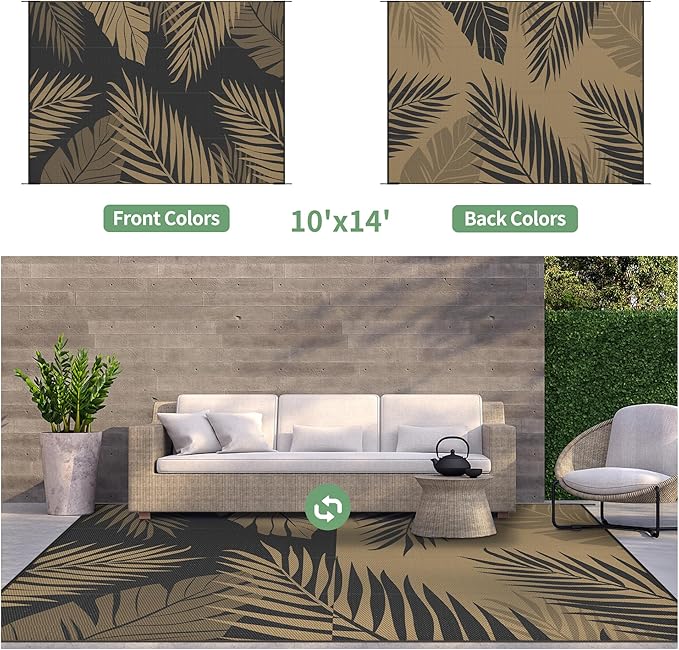 GENIMO Outdoor Rug 10' x 14' Waterproof for Patios Clearance, Reversible Outdoor Plastic Straw Camping Rug Carpet, Large Area Rugs Mats for RV, Camper, Deck, Balcony, Porch, Beach, Picnic, Black&Brown-HomvellaHome
