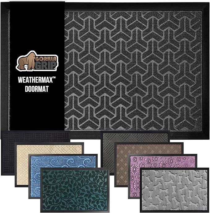 GORILLA GRIP 100% Waterproof All-Season WeatherMax Doormat 35x23, US Designed Natural Rubber, Stain and Fade Resistant, Low Profile Indoor Outdoor Door Mats, Easy Clean Patio Mat, Slate Geometric-HomvellaHome