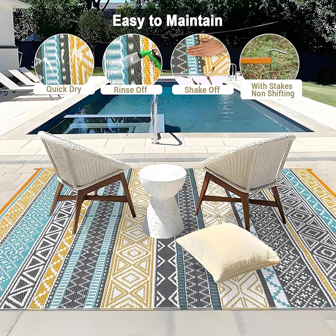 GAOMON Outdoor Rugs Patio Camping Waterproof Rug 6'x9' Plastic Straw Patio Rug Portable for Campers, Outside RVs Mat for Patios Clearance, Backyard Porch, Balcony, Teal/Yellow(Bohemia)-HomvellaHome