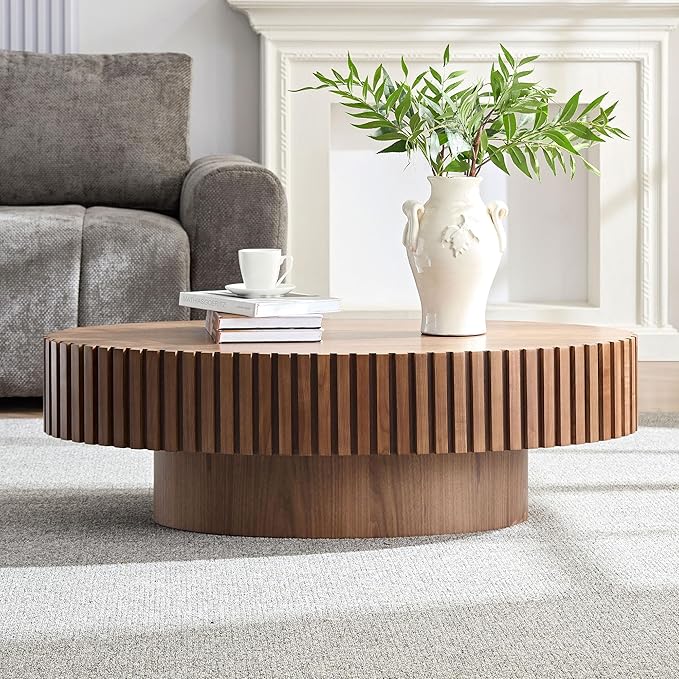 Oval Coffee Table for Living Room, Modern Fluted Coffee Tables with Pedestal Base, Handcrafted Centre Tea Tables Easy Assembly-43.7" Walnut-HomvellaHome