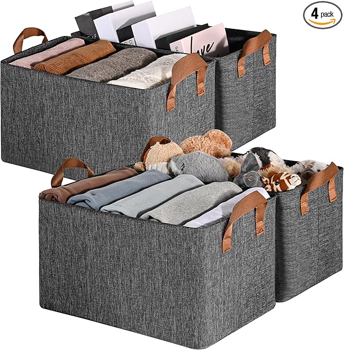 GRANNY SAYS Closet Storage Baskets, Collapsible Fabric Storage Bins with Metal Frame, Clothes Organizer Bins, Large Baskets for Shelves, Dark Gray, 4-Pack-HomvellaHome