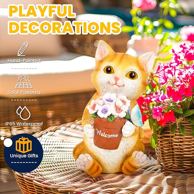 GIGALUMI Solar Garden Decor Flower Pot Cat Statues Outdoor, Birthday Gifts for Women Mom Grandma Senior Elder, Cat Ornament for Balcony, Garden, Patio, Yard, Lawn-HomvellaHome