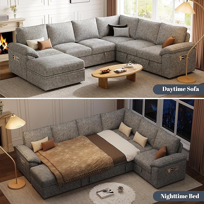 108 Inch Modular Sectional Sofa with Pull Out Bed,U Shaped 7 Seat Sectional Sleeper Sofa with Storage,Sectional Couches for Living Room,Cloud Modular Couch,Removable Sofa Cover,Light Gray-HomvellaHome