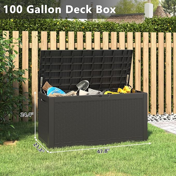 100 Gallon Deck Box Lockable Resin Outdoor Storage Box waterproof Outdoor Container for Patio Furniture Cushions, Pillow-HomvellaHome