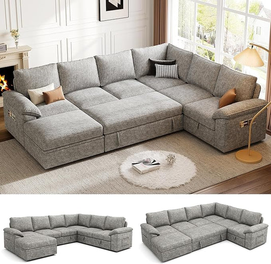 108 Inch Modular Sectional Sofa with Pull Out Bed,U Shaped 7 Seat Sectional Sleeper Sofa with Storage,Sectional Couches for Living Room,Cloud Modular Couch,Removable Sofa Cover,Light Gray-HomvellaHome