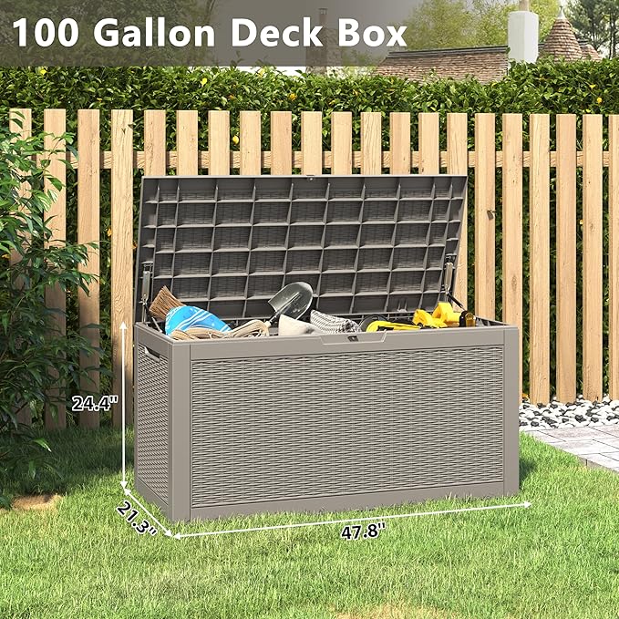 100 Gallon Deck Box Lockable Resin Outdoor Storage Box waterproof Outdoor Container for Patio Furniture Cushions, Pillow-HomvellaHome