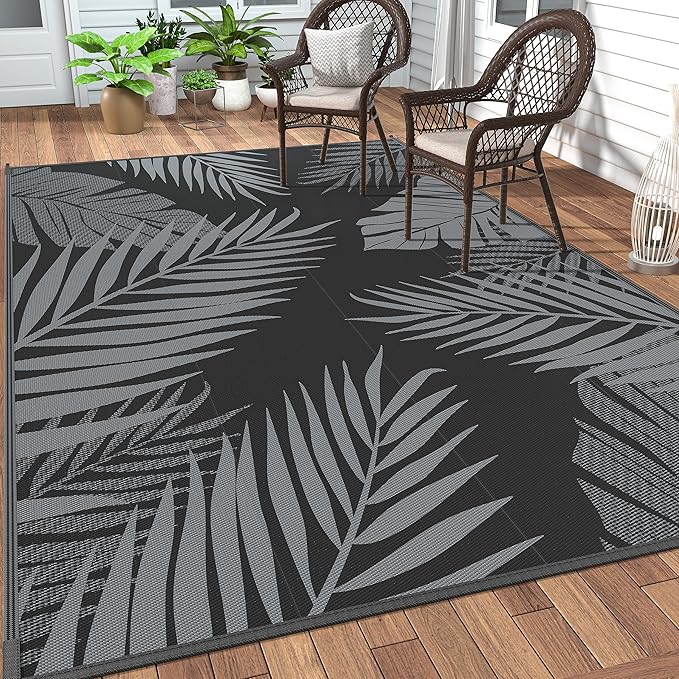 GENIMO Outdoor Rug 5' x 8' Waterproof for Patios Clearance, Reversible Outdoor Plastic Straw Camping Rug Carpet, Large Area Rugs Mats for RV, Picnic, Backyard, Deck, Balcony, Porch, Beach, Black&Grey-HomvellaHome