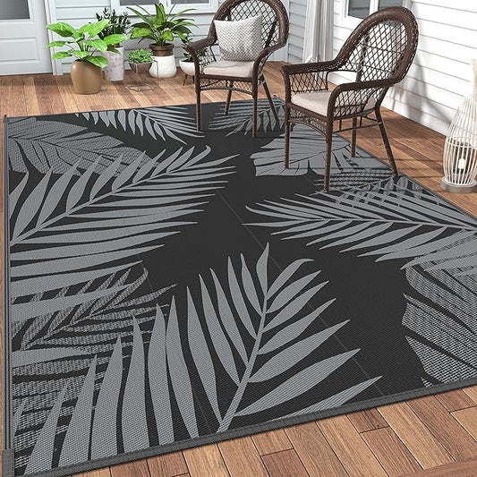 GENIMO Outdoor Rug 5' x 8' Waterproof for Patios Clearance, Reversible Outdoor Plastic Straw Camping Rug Carpet, Large Area Rugs Mats for RV, Picnic, Backyard, Deck, Balcony, Porch, Beach, Black&Grey-HomvellaHome