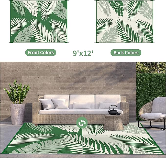 GENIMO Outdoor Rug 9' x 12' Waterproof for Patios Clearance, Reversible Outdoor Plastic Straw Camping Rug Carpet, Large Area Rugs Mats for RV, Picnic, Backyard, Deck, Balcony, Porch, Dark Green&White-HomvellaHome