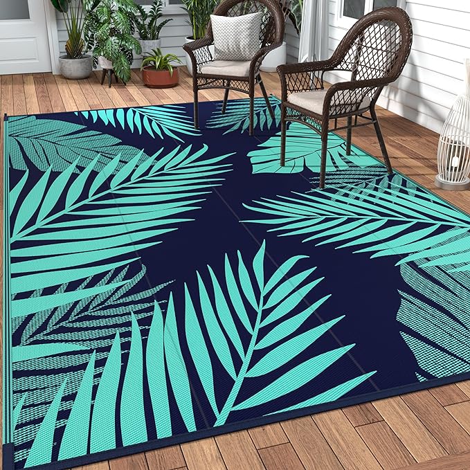 GENIMO Outdoor Rug 5' x 8' Waterproof for Patios Clearance, Reversible Outdoor Plastic Straw Camping Rug Carpet, Large Area Rugs Mats for RV, Camper, Deck, Balcony, Porch, Beach, Navy Blue&Jade Green-HomvellaHome