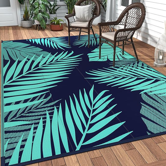 GENIMO Outdoor Rug 5' x 8' Waterproof for Patios Clearance, Reversible Outdoor Plastic Straw Camping Rug Carpet, Large Area Rugs Mats for RV, Camper, Deck, Balcony, Porch, Beach, Navy Blue&Jade Green-HomvellaHome
