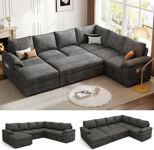 108 Inch Sectional Sleeper Sofa with Pull Out Bed,U Shaped 7 Seat Modular Sectional Sofa with Storage,Sectional Couches for Living Room,Cloud Modular Couch,Removable Sofa Cover,Dark Grey-HomvellaHome