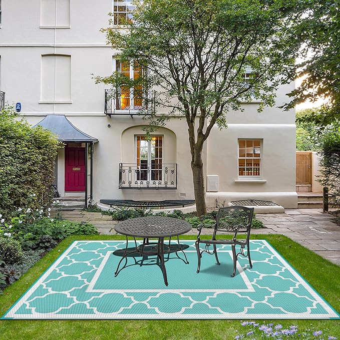 GENIMO 6' x 9' Outdoor Rug Waterproof for Patio Decor, Reversible Plastic Straw Area Mats Carpet for Camper Clearance, Outside Carpet for Rv, Deck, Porch, Beach, Balcony, Aqua Blue & White-HomvellaHome