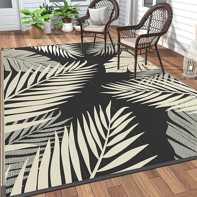 GENIMO Outdoor Rug 5' x 8' Waterproof for Patios Clearance, Reversible Outdoor Plastic Straw Camping Rug Carpet, Large Area Rugs Mats for RV, Picnic, Backyard, Deck, Balcony, Porch, Beach, Black&Beige-HomvellaHome