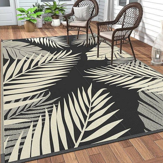 GENIMO Outdoor Rug 5' x 8' Waterproof for Patios Clearance, Reversible Outdoor Plastic Straw Camping Rug Carpet, Large Area Rugs Mats for RV, Picnic, Backyard, Deck, Balcony, Porch, Beach, Black&Beige-HomvellaHome