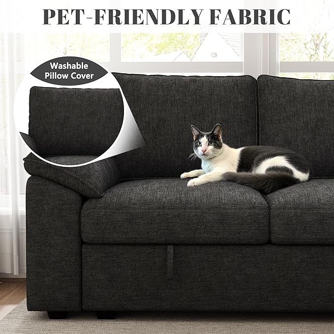 108 Inch Modular Sectional Sofa with Pull Out Bed,U Shaped 7 Seat Sectional Sleeper Sofa with Storage,Sectional Couches for Living Room,Cloud Modular Couch,Removable Sofa Cover,Black-HomvellaHome