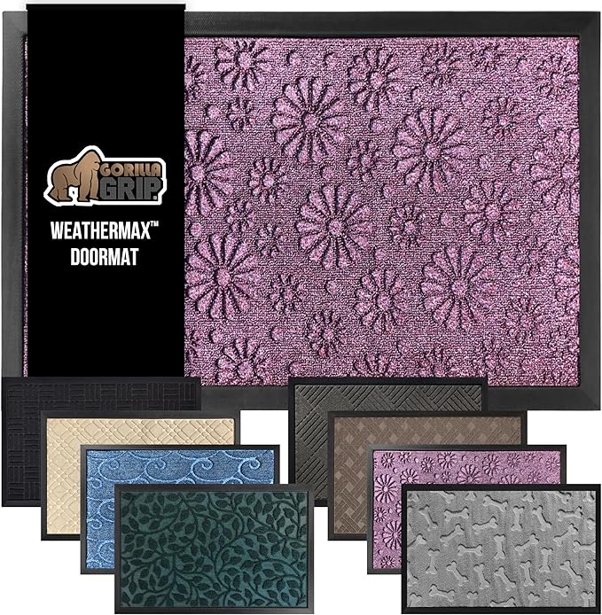 GORILLA GRIP 100% Waterproof All-Season WeatherMax Doormat, Durable Natural Rubber, Stain and Fade Resistant, Low Profile, Indoor Outdoor Door Mats, Easy Clean Entry Mat, 17x29, Purple Confetti Daisy-HomvellaHome