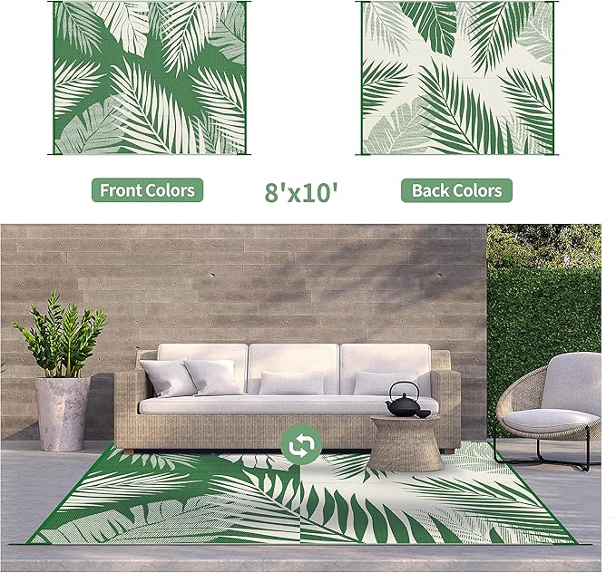 GENIMO Outdoor Rug 8' x 10' Waterproof for Patios Clearance, Reversible Outdoor Plastic Straw Camping Rug Carpet, Large Area Rugs Mats for RV, Picnic, Backyard, Deck, Balcony, Porch, Dark Green&White-HomvellaHome