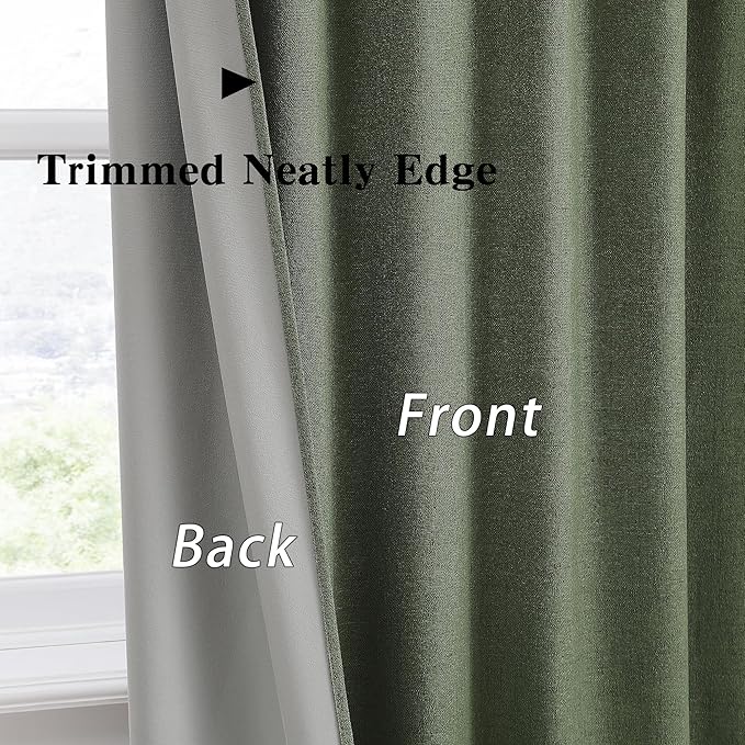 102 Inch Long Linen Blended Blackout Curtains 2 Panels, Back Tab Pleated Look Drapes for Track System with Hooks, Noise Reducing Country Blackout Winodw Curtains 50x102-Loden/Olive Green-HomvellaHome