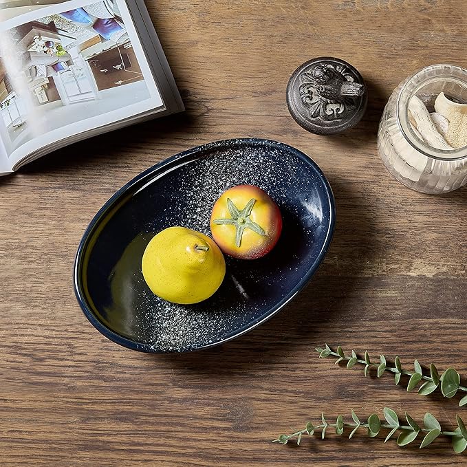 Oval Ceramic Decorative Bowl, Key Dish for Entryway Table, Small Home Decor Accent, Trinket Tray for Office Home Decor Gift (10'' Starrysky Blue with Glaze Layer)-HomvellaHome