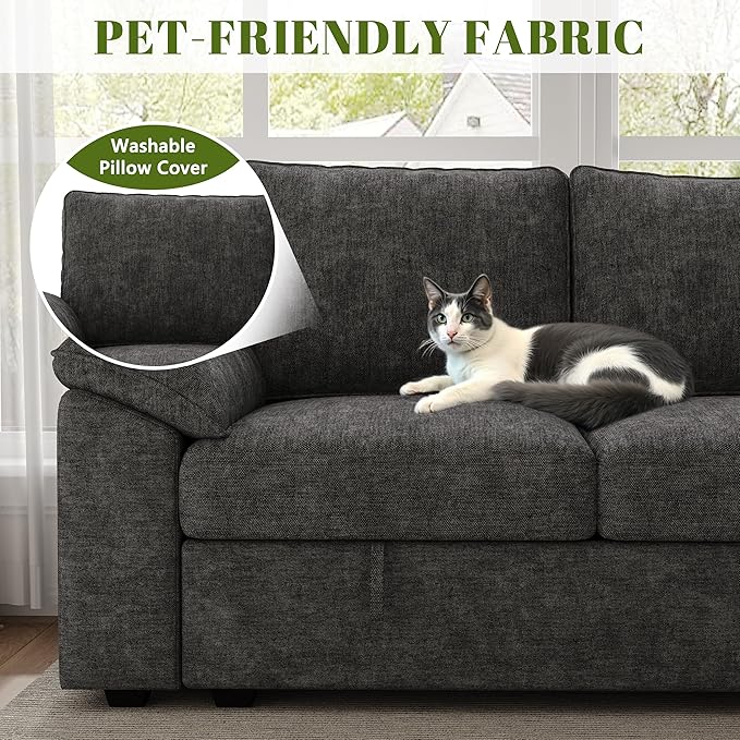 108 Inch Sectional Sleeper Sofa with Pull Out Bed,U Shaped 7 Seat Modular Sectional Sofa with Storage,Sectional Couches for Living Room,Cloud Modular Couch,Removable Sofa Cover,Dark Grey-HomvellaHome