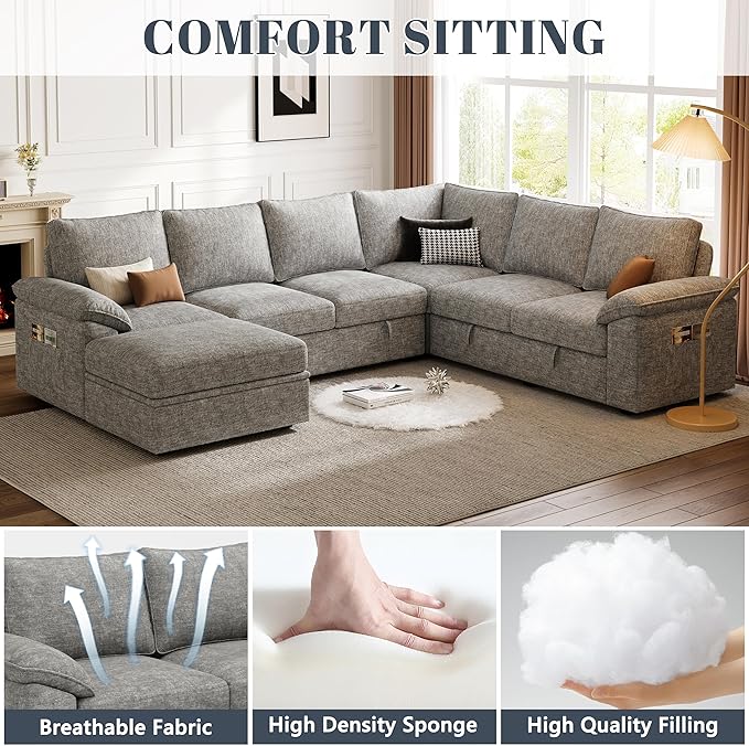108 Inch Modular Sectional Sofa with Pull Out Bed,U Shaped 7 Seat Sectional Sleeper Sofa with Storage,Sectional Couches for Living Room,Cloud Modular Couch,Removable Sofa Cover,Light Gray-HomvellaHome