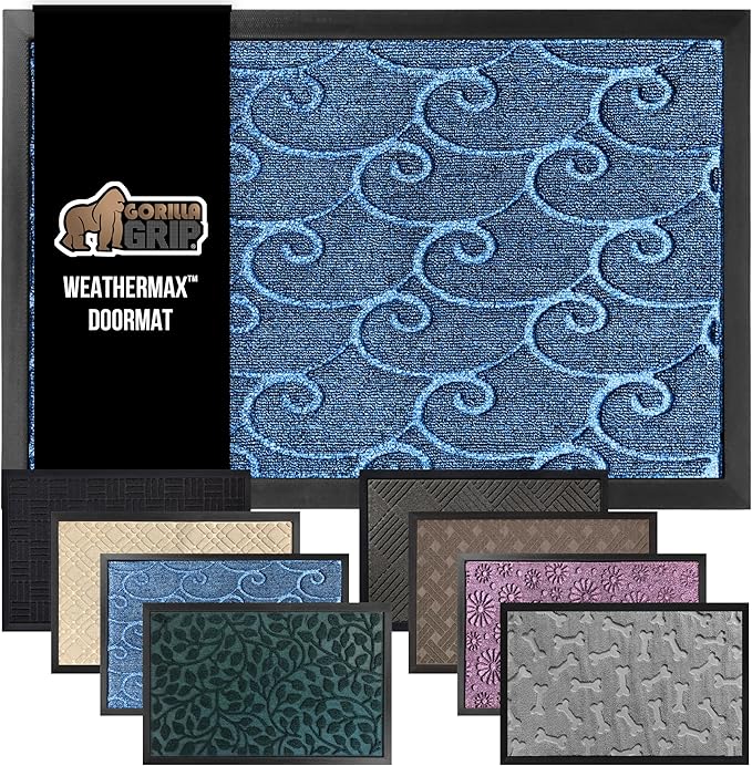 GORILLA GRIP 100% Waterproof All-Season WeatherMax Doormat, US Designed Natural Rubber, Stain and Fade Resistant, Low Profile Indoor Outdoor Door Mats, Easy Clean Patio Mat, 17x29, Ocean Blue Waves-HomvellaHome
