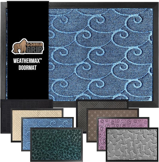 GORILLA GRIP 100% Waterproof All-Season WeatherMax Doormat, 72x24, US Designed Natural Rubber, Stain and Fade Resistant, Low Profile Indoor Outdoor Door Mats, Easy Clean Patio Mat, Ocean Blue Waves-HomvellaHome