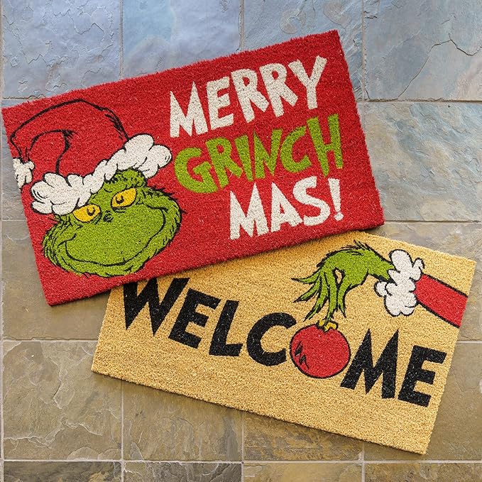 Gertmenian Disney Mickey Mouse Doormat Rug Retro Front Door Coir Mat Home Indoor Outdoor Entryway Carpet, 2-Pack 20x34, The Grinch Welcome/Merry Grinchmas-HomvellaHome