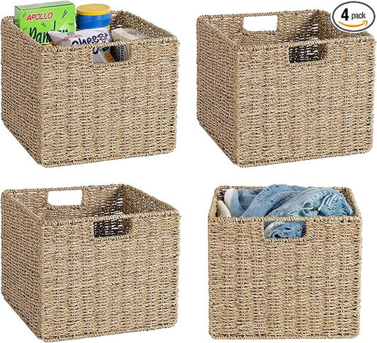 12x12x10in Seagrass Storage Baskets Set of 4, Large Wicker Storage Basket, Decorative Seagrass Shelf Basket, Pantry Baskets Organization,Folding Storage Cube Bins-HomvellaHome