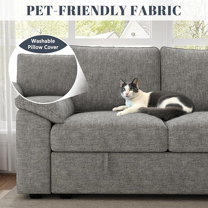 108 Inch Modular Sectional Sofa with Pull Out Bed,U Shaped 7 Seat Sectional Sleeper Sofa with Storage,Sectional Couches for Living Room,Cloud Modular Couch,Removable Sofa Cover,Light Gray-HomvellaHome