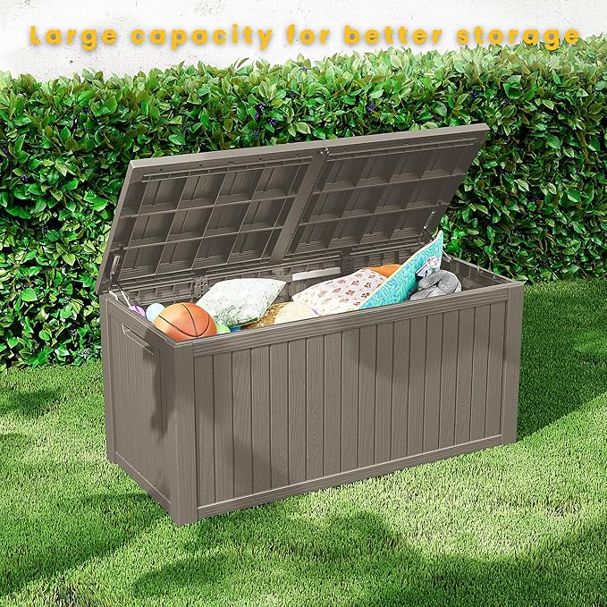 150 Gallon Outdoor Storage Box Waterproof Lockable Resin Deck Box Large, Patio Storage Bin for Pool Accessories Cushion Furniture, Garden Tools, UV-Resistant Outside Delivery Grey-HomvellaHome