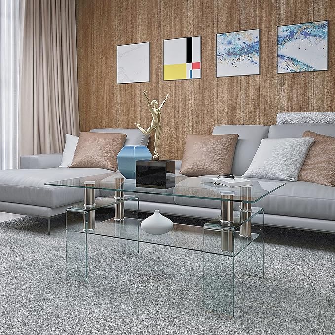 Glass Coffee Table for Living Room, Modern Rectangle All Tempered Glass Table 8mm Clear Transparent Top Home Furniture for Small Space Bearing 220LB-HomvellaHome
