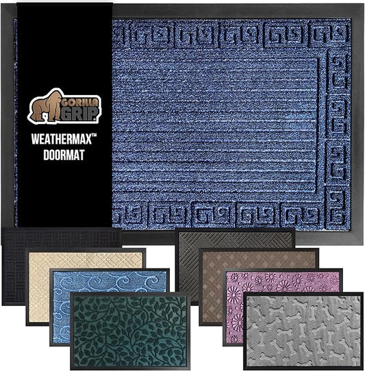 GORILLA GRIP 100% Waterproof All-Season WeatherMax Doormat, 47x35, US Designed Natural Rubber, Stain and Fade Resistant, Low Profile Indoor Outdoor Door Mats, Easy Clean Patio Mat, Navy Greek Keys-HomvellaHome