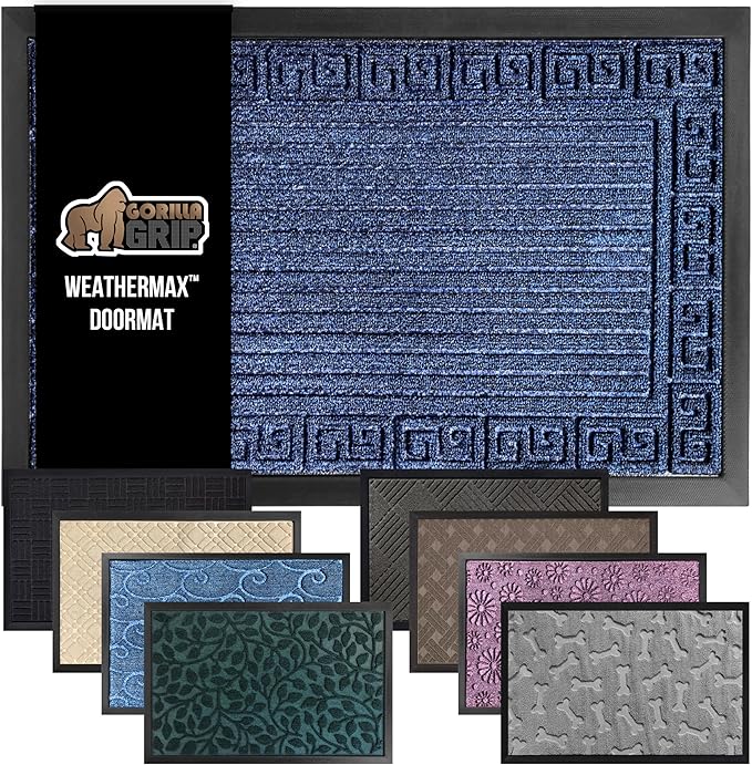GORILLA GRIP 100% Waterproof All-Season WeatherMax Doormat, US Designed Natural Rubber, Stain and Fade Resistant, Low Profile Indoor Outdoor Door Mats, Easy Clean Patio Mat, 17x29, Navy Greek Keys-HomvellaHome