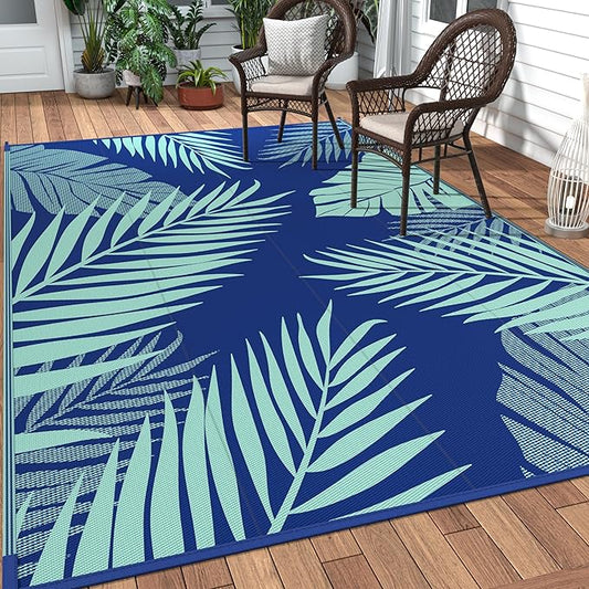 GENIMO Outdoor Rug 6' x 9' Waterproof for Patios Clearance, Reversible Outdoor Plastic Straw Camping Rug Carpet, Large Area Rugs Mats for RV, Camper, Deck, Balcony, Porch, Beach, Royal Blue&Blue Green-HomvellaHome