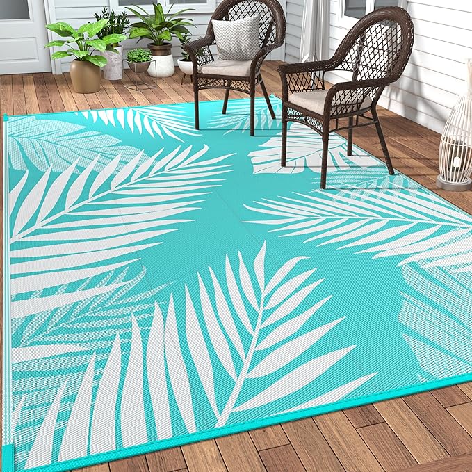 GENIMO Outdoor Rug 6' x 9' Waterproof for Patios Clearance, Reversible Outdoor Plastic Straw Camping Rug Carpet, Large Area Rugs Mats for RV, Camper, Deck, Balcony, Porch, Beach, Aqua Blue&White-HomvellaHome