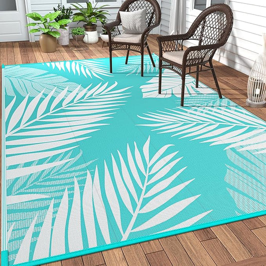 GENIMO Outdoor Rug 6' x 9' Waterproof for Patios Clearance, Reversible Outdoor Plastic Straw Camping Rug Carpet, Large Area Rugs Mats for RV, Camper, Deck, Balcony, Porch, Beach, Aqua Blue&White-HomvellaHome