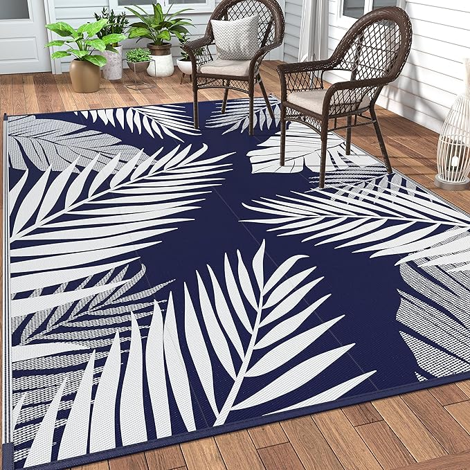 GENIMO Outdoor Rug 5' x 8' Waterproof for Patios Clearance, Reversible Outdoor Plastic Straw Camping Rug Carpet, Large Area Rugs Mats for RV, Picnic, Backyard, Deck, Balcony, Porch, Beach, Blue&White-HomvellaHome